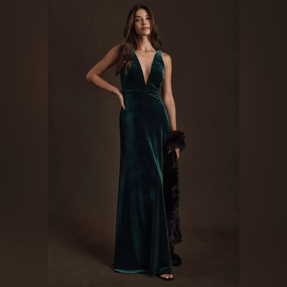 Gorgeous emerald Logan Jenny Yoo velvet dress with plunging mesh neck. Worn once